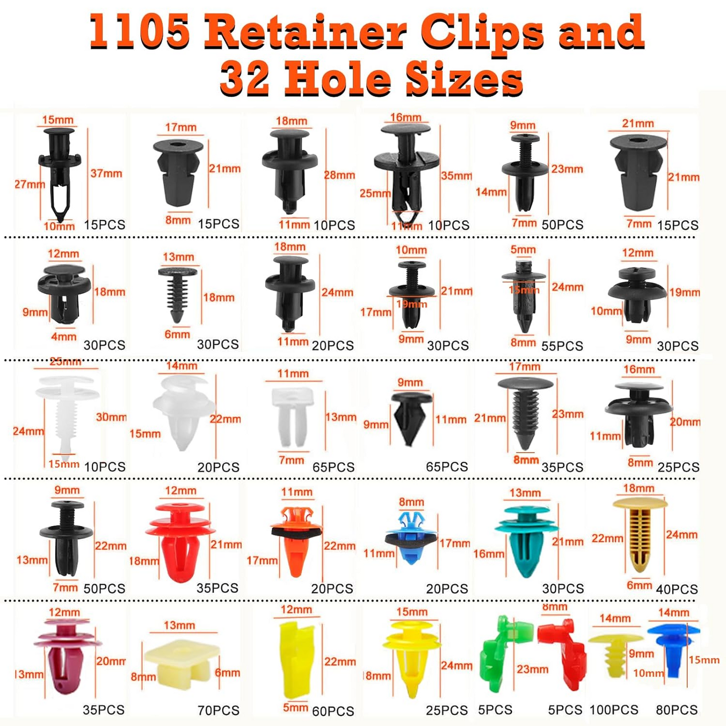1240Pcs Car Clips Kit Bumper Fender Rivets for Toyota GM Ford | 32 Popular Sizes, Nylon Plastic, 10 Cable Ties, Door Panel Clips, 4 Remover Tools