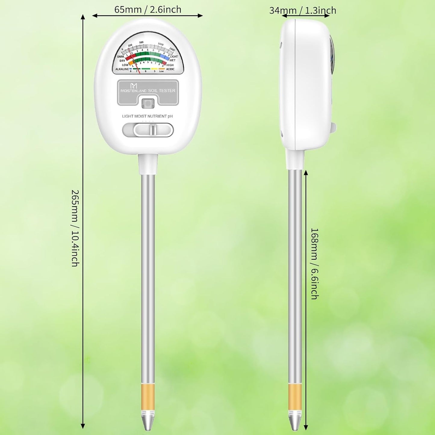 Soil Moisture Meter, 4-in-1 Soil pH Tester, Moisture/Light/Nutrients/pH Meter for Gardening, Lawn, Farming, Indoor & Outdoor Plants Use, No Batteries Required, Gifts for Plants Lover