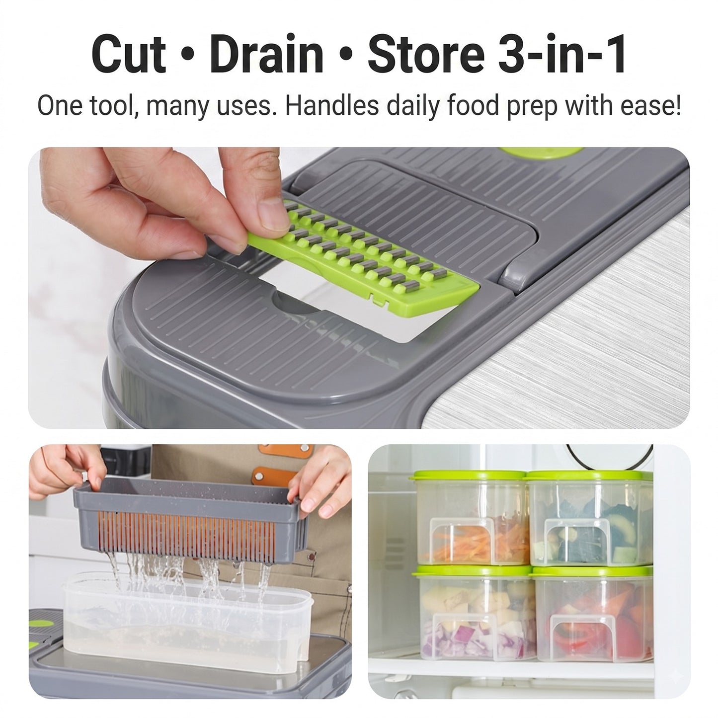 Vegetable Chopper, 16-in-1 Vegetable Dicer with Stainless Steel Chopping Board Top Panel & 4 Storage Drawers Hand Guard Peeler, Grey Green Stainless Steel, for Onion Garlic Salad Prep Home Kitchen