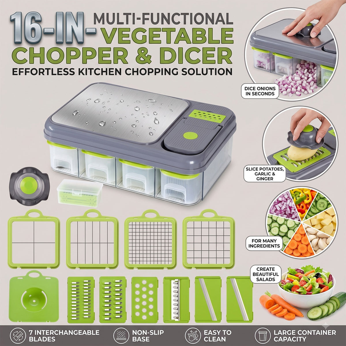 Vegetable Chopper, 16-in-1 Vegetable Dicer with Stainless Steel Chopping Board Top Panel & 4 Storage Drawers Hand Guard Peeler, Grey Green Stainless Steel, for Onion Garlic Salad Prep Home Kitchen