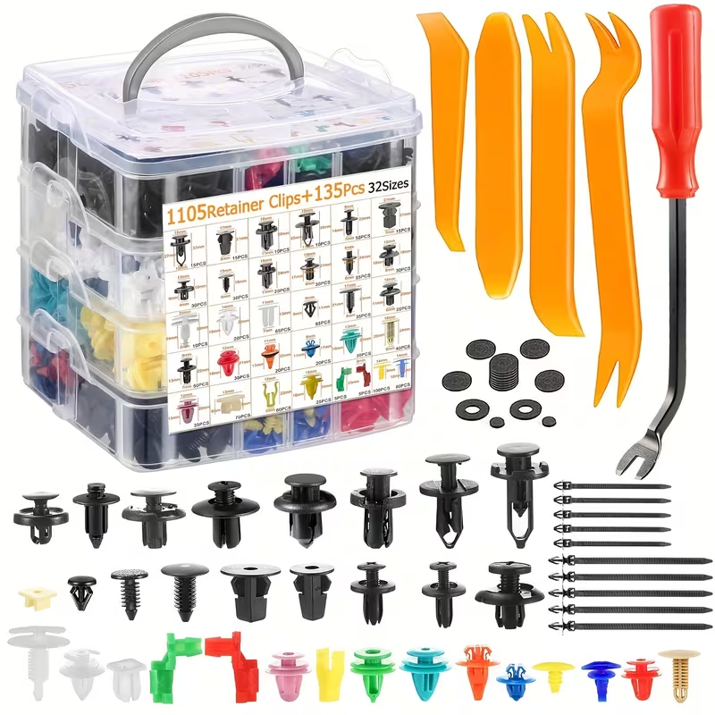 1240Pcs Car Clips Kit Bumper Fender Rivets for Toyota GM Ford | 32 Popular Sizes, Nylon Plastic, 10 Cable Ties, Door Panel Clips, 4 Remover Tools
