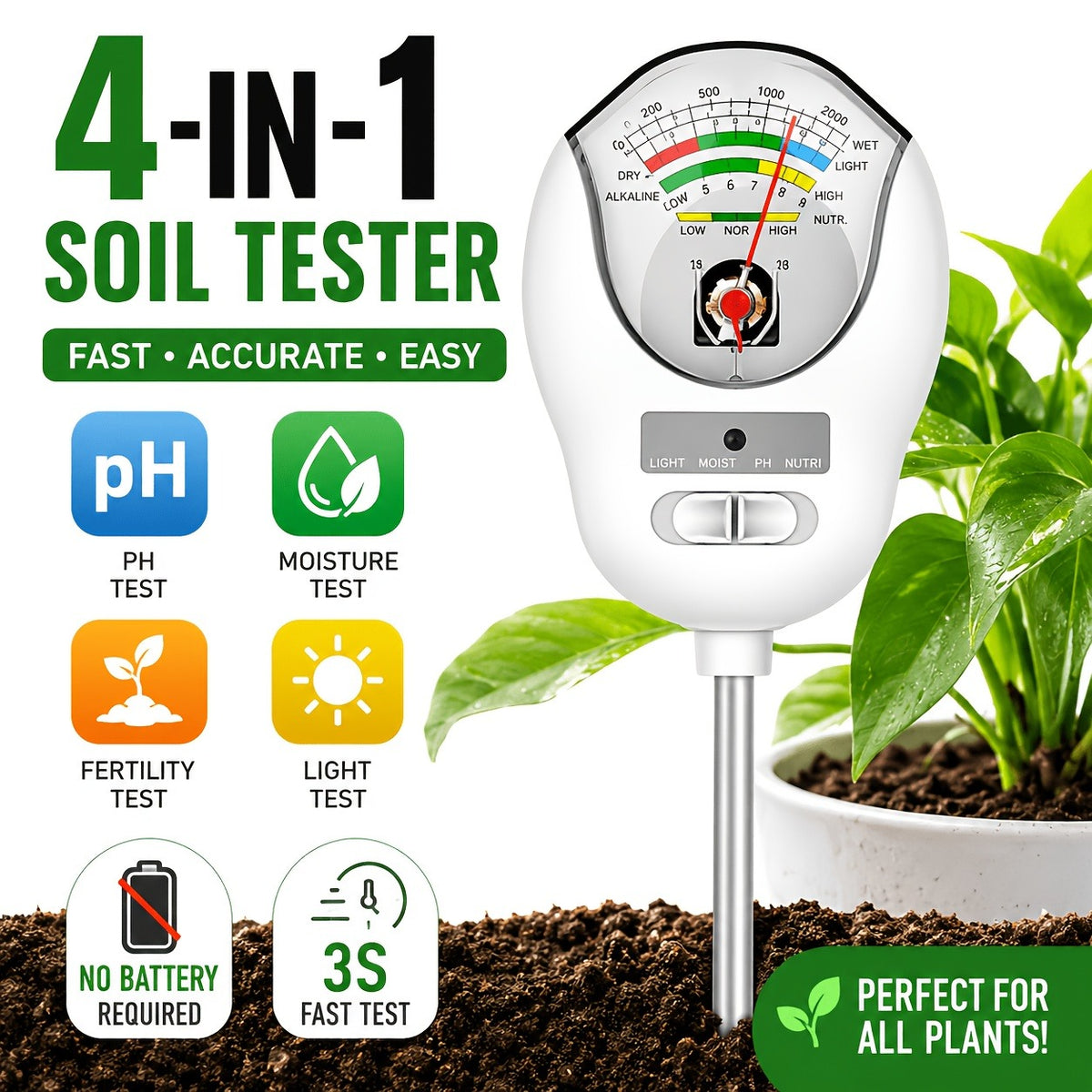 Soil Moisture Meter, 4-in-1 Soil pH Tester, Moisture/Light/Nutrients/pH Meter for Gardening, Lawn, Farming, Indoor & Outdoor Plants Use, No Batteries Required, Gifts for Plants Lover