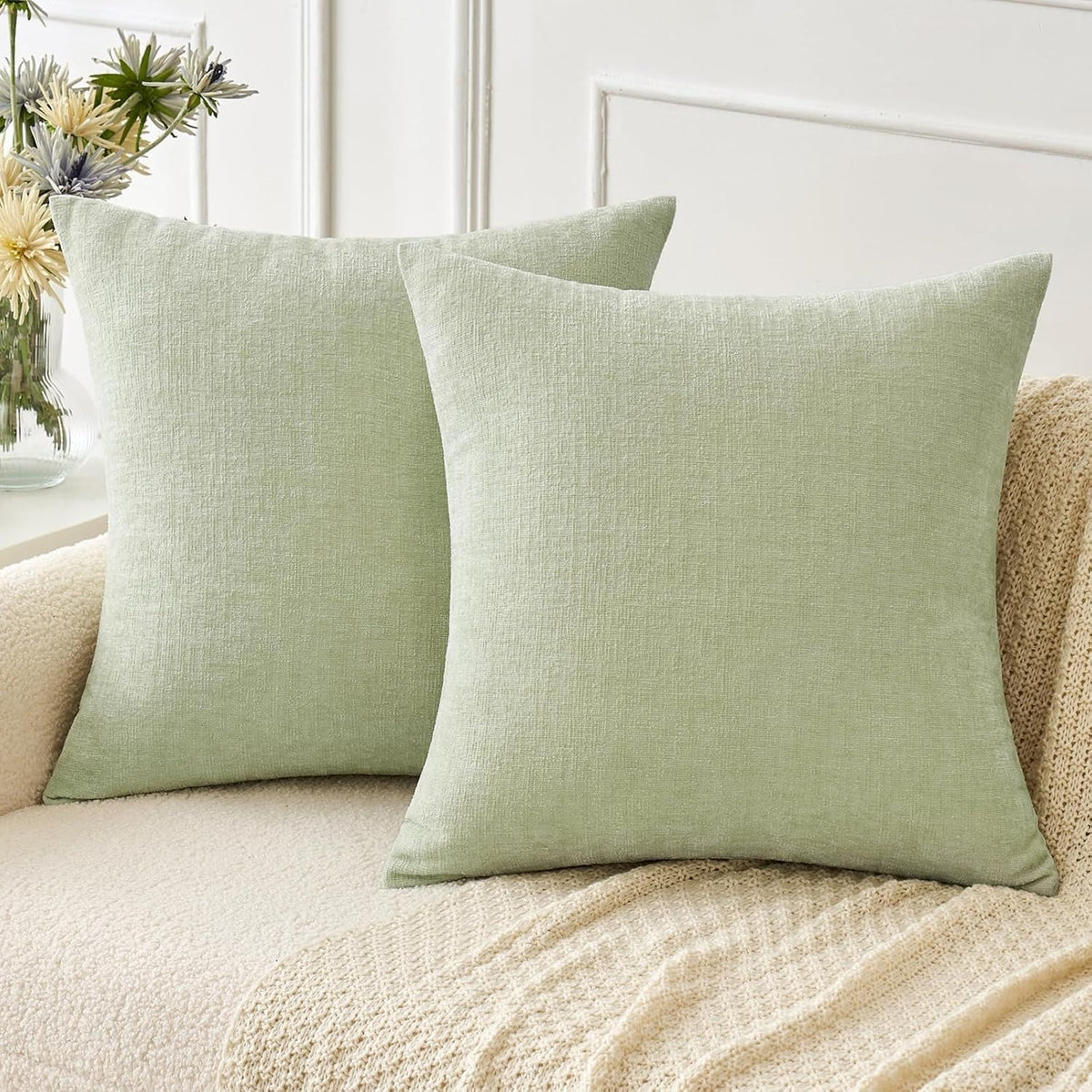 Soft Chenille Throw Pillow Covers Light Green 18x18 Inch Pack of 2 | Modern Home Decor, Classic Decorative Pillows, Solid Dyed Cases, Boho Couch Cushion Covers for Sofa Bed Living Room