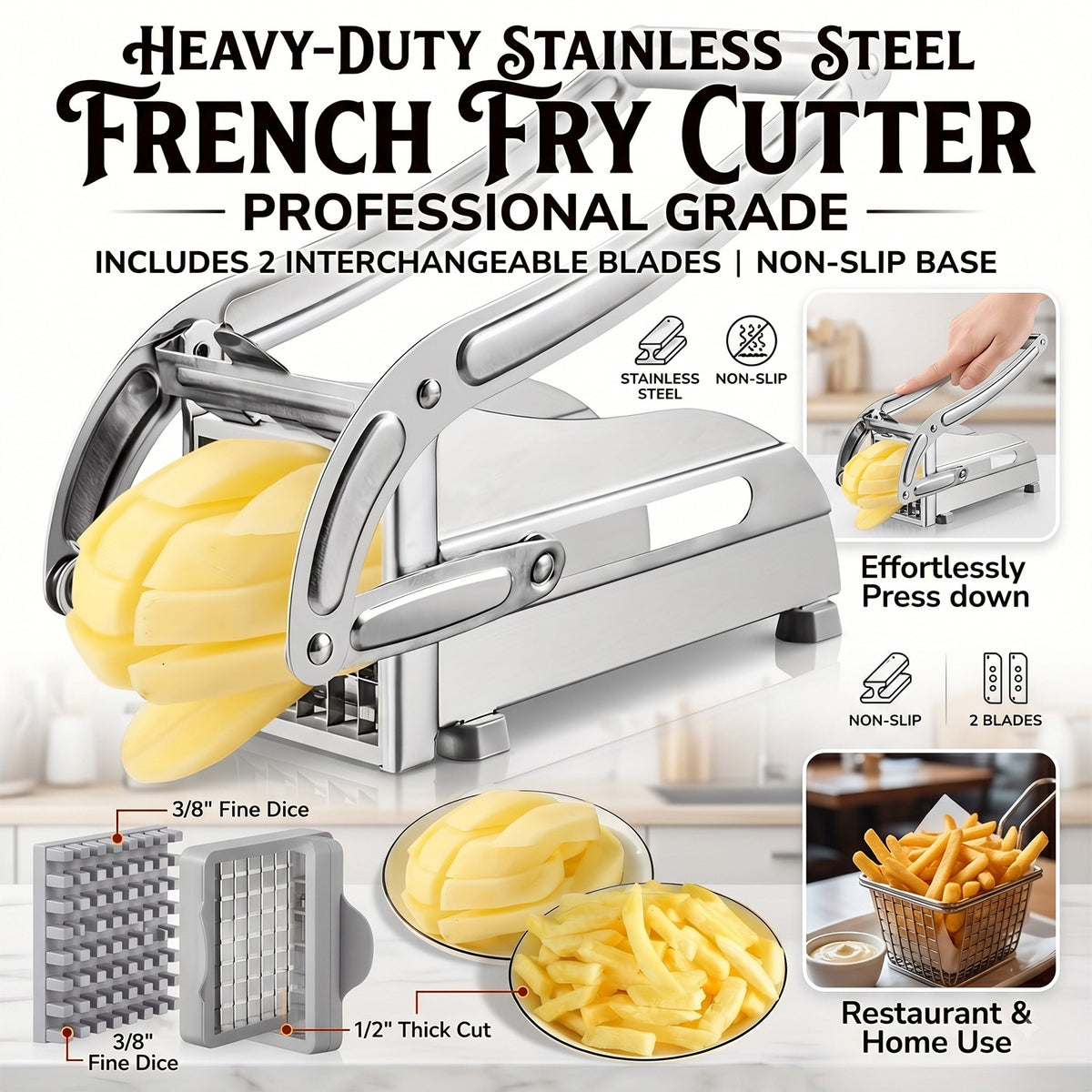 French Fry Cutter Potato Chipper, with 2 Interchangeable Blades & Non-Slip Feet Heavy Duty Lever, Silver Stainless Steel, for Home Kitchen Restaurant French Fries Chips