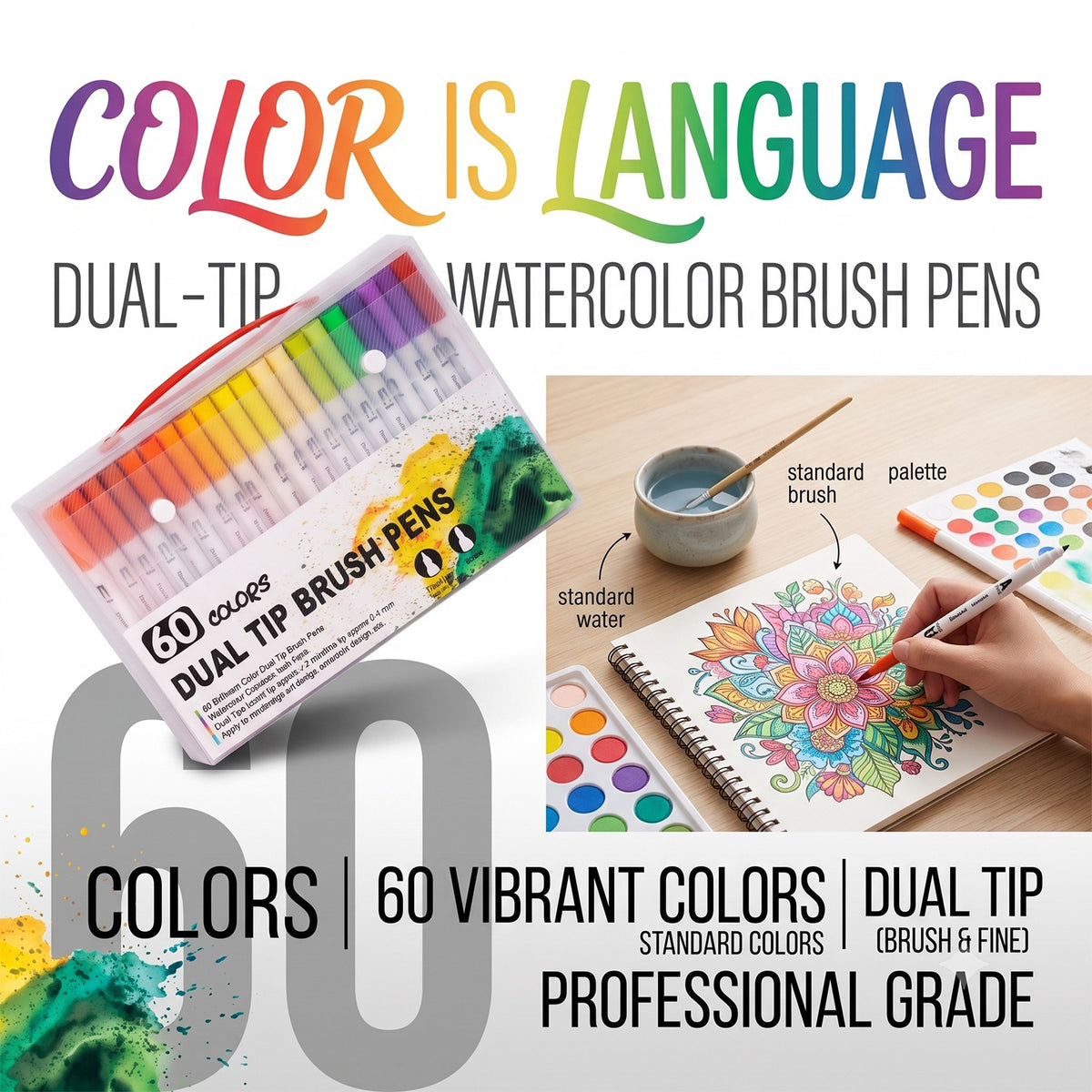 Watercolour Brush Pens Art Markers, 60 Colours Dual Tip (Brush & Fine Tip) Set with Carry Case Non-Toxic Water-Based, 60 Colours Plastic Pens, for Adult Colouring Books Calligraphy Scrapbooking Drawing Beginners