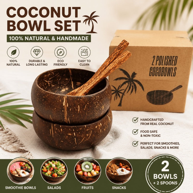 coconut bowls with wooden spoons -- Coconut shell bowls, suitable for serving yogurt, salad, or ice cream.