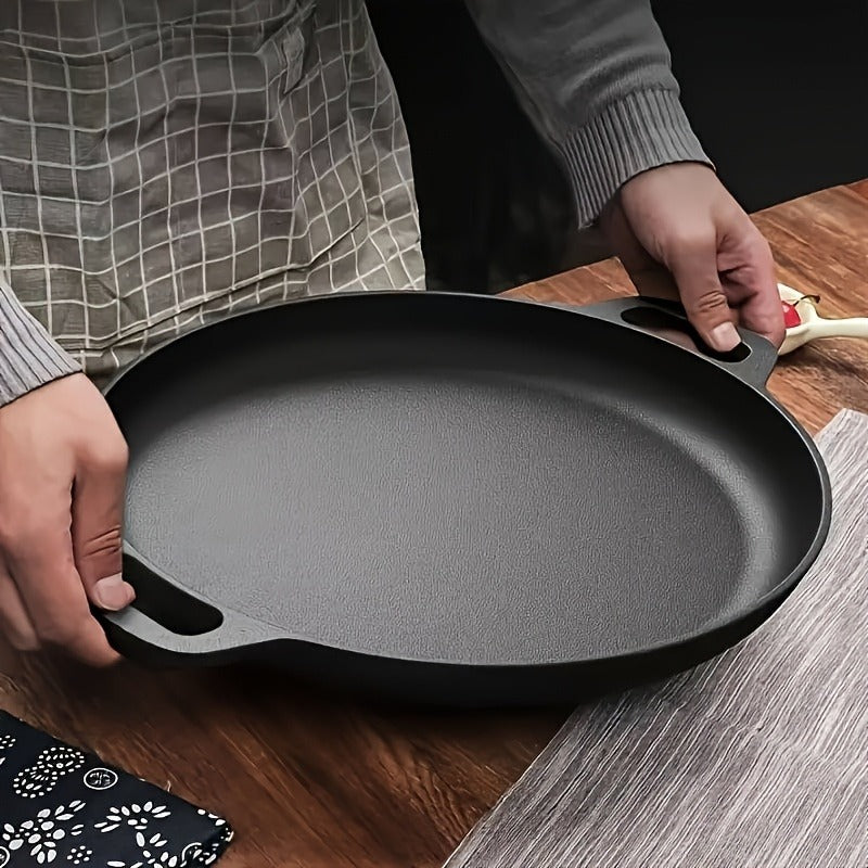 Multi functional thickened cast iron pot - uncoated non stick pot, double ear flat bottomed pot - suitable for grilling meat, frying eggs, barbecue, and pancakes - compatible with all stoves, ideal for home kitchen and outdoor cooking.