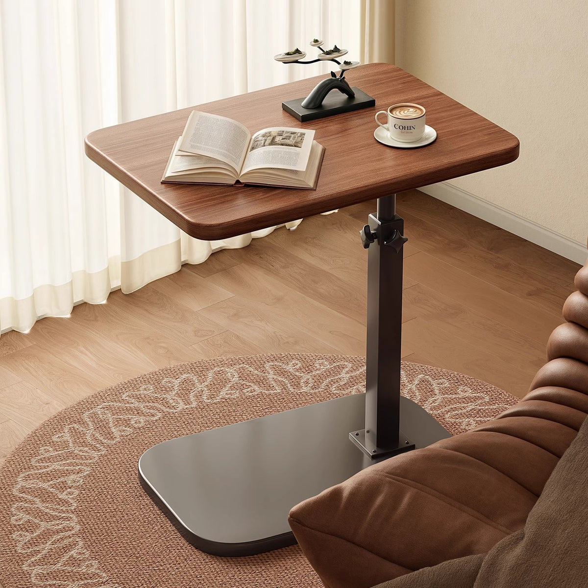 Modern adjustable height side table, 360-degree swivel side table with wooden top and metal base | Suitable for office side tables, mini side tables, side tables, patio side tables (or balcony casual side tables), movable nightstands, and coffee table