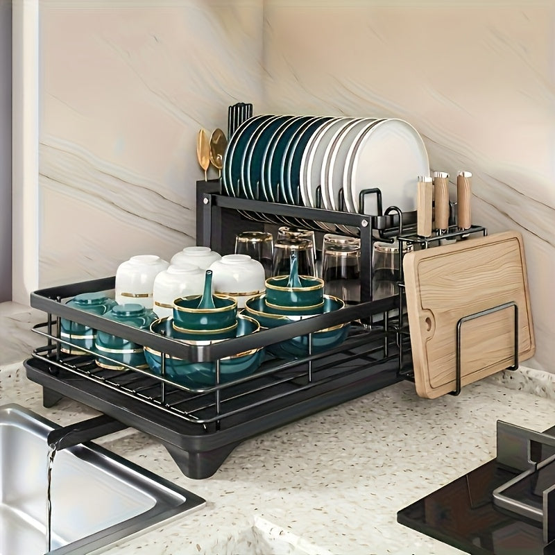 2-Tier Carbon Steel Dish Rack with Drainboard - Large Capacity Rust-Resistant Kitchen Organizer, Includes Utensil Holder & Cutting Board Storage - Black/ White for Home & Commercial Kitchens, Dish Drying Rack, Sleek Design, Sturdy Construction