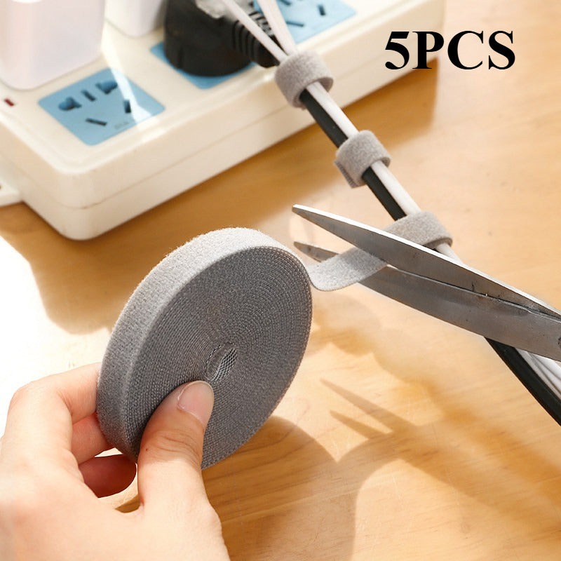 0.5 Inch x 16.5 FT 5PCS Double Sided Hook and Loop Roll Tape | Two Sides, Self Stick, No Adhesive Reusable Cable Ties Wrap for Cable Management, Heavy Duty Extender Straps Long Wire Strips Grey