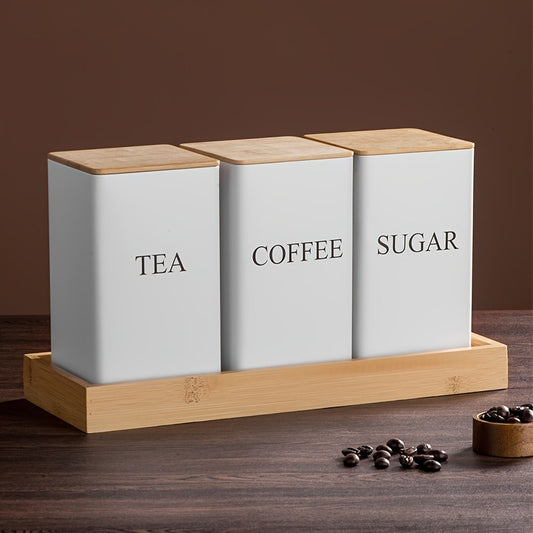 3-Piece Coffee and Snack Storage Canisters Set - Bamboo Lid & Iron Art Display Square Jars for Coffee Beans and Tea