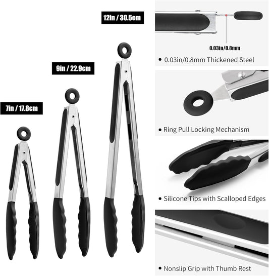 3PCS Kitchen Tongs with Silicone Tips for Cooking Serving 7, 9, 12 Inch, Heavy Duty Stainless Steel Locking Tong for BBQ, Grilling Steak, Salad, Toast, Pasta