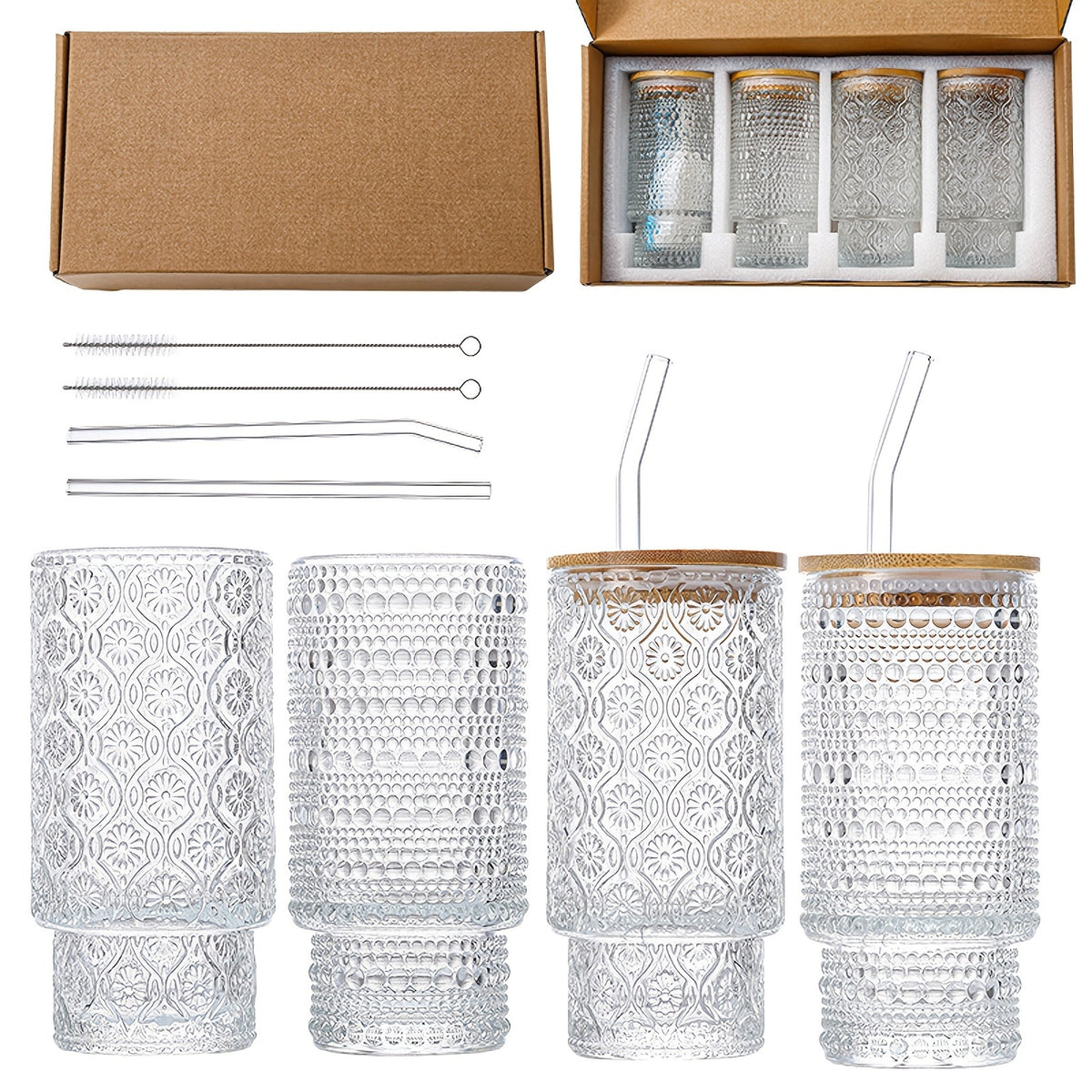 Drinking Glasses Set of 4, Textured Flower Design Cocktail Glasses, Stackable Old Fashioned Glass Cups, Vintage Glassware for a baby Shower Wedding for Kitchen and Bar - Dishwasher Clear