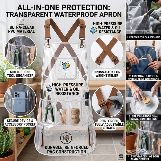 Clear Waterproof Apron Work Apron, Adjustable Cross Back Straps Multi-Pocket Heavy Duty Waterproof Oilproof, Clear PVC Vinyl & Brown Straps, for Car Washing Gardening Hair Stylist Barber Dishwashing