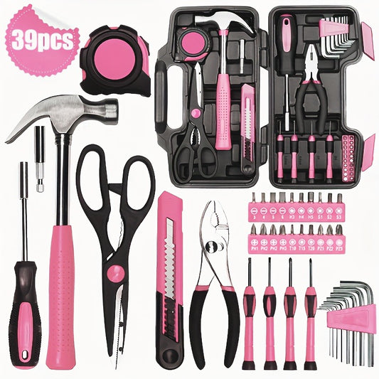 39-piece Pink Tool Set | Includes screwdriver, pantry knife, scissors, measuring tape, hammer, Allen wrench, and pliers | Suitable for home, garage, garden, office, and college dormitories | Ideal for women