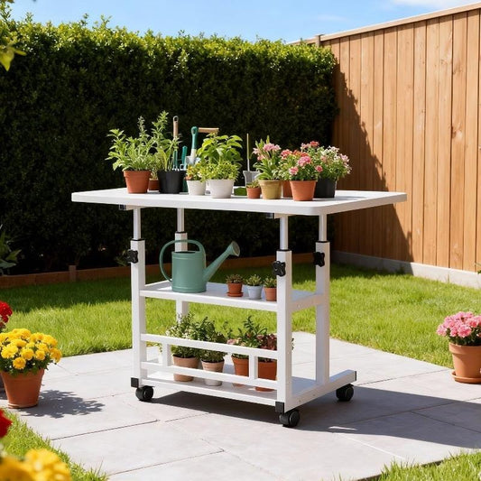 Heavy-Duty Adjustable Height Multi-Purpose Gardening Work Table | Sturdy Metal Frame with Spacious Work Surface, Equipped with 4 Locking Swivel Casters - Ideal for Office, Bedroom, Patio, Gardening &