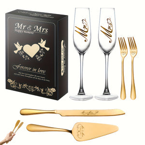 6pcs-Mr and Mrs Champagne Flutes, Bride and Groom Champagne Glasses, Wedding Cake Knife and Server Set, Cake Cutting Set for Wedding, Bridal Shower Gifts, Engagement Gifts for Couples