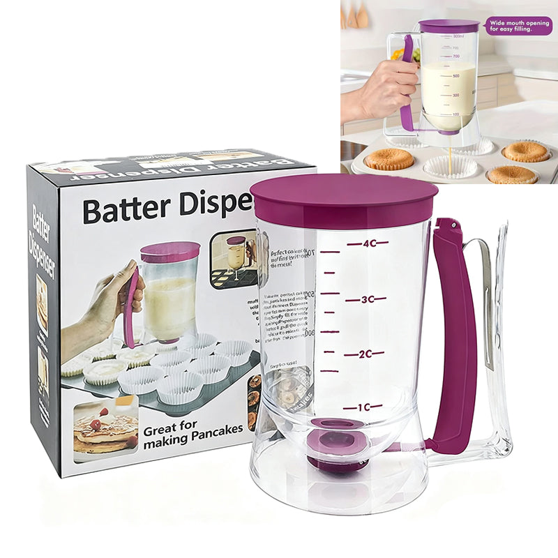 Pancake Batter Dispenser - Kitchen Must Have Tool for Perfect Pancakes, Cupcake, Waffle, Muffin Mix, Cake & Crepe - Baking Supplies for Griddle - Pancake Maker with Measuring Label (Purple)