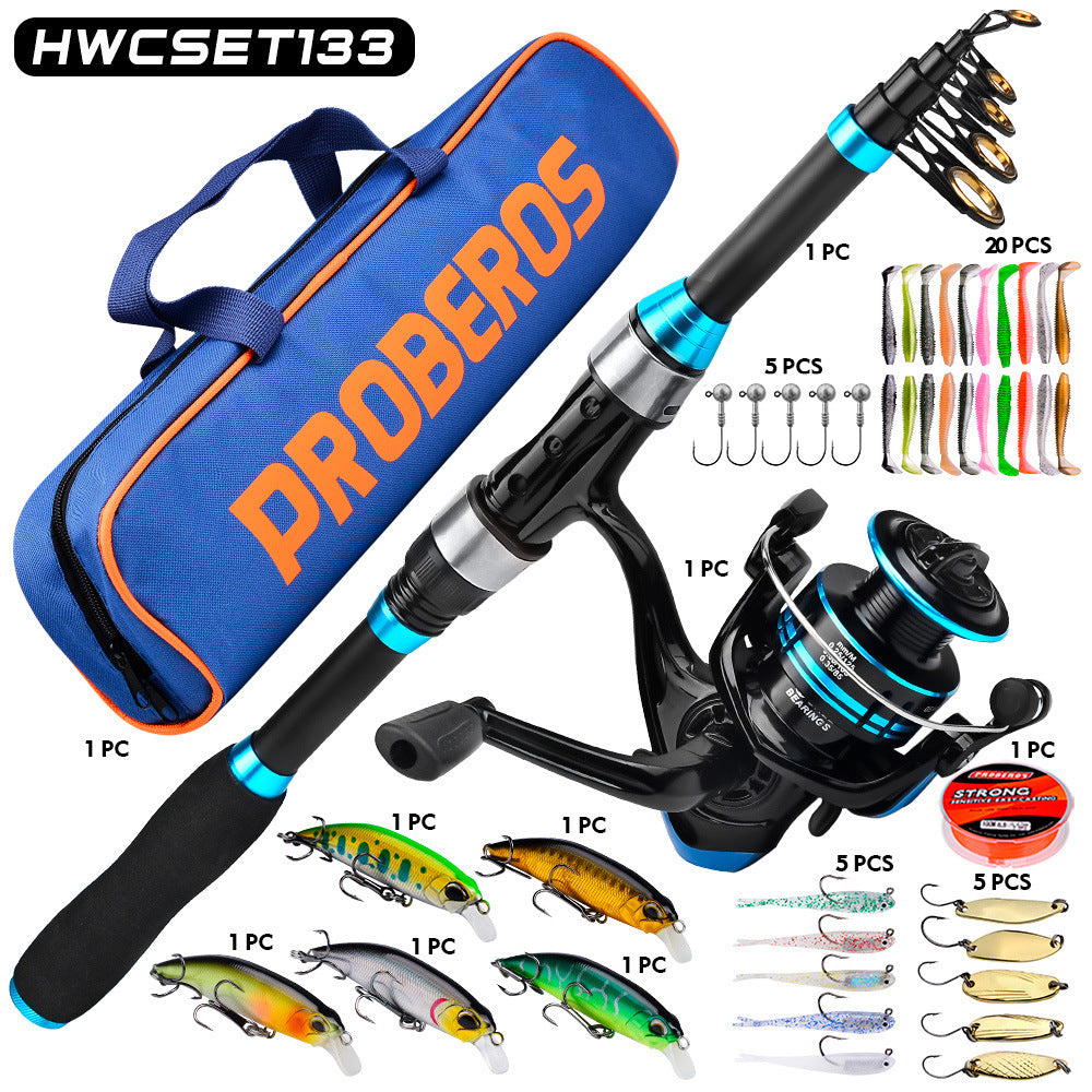 This 1.5-2.4m carbon fiber telescopic fishing set includes 12 minnows, soft bait, sinker, hook, and a camouflage backpack.