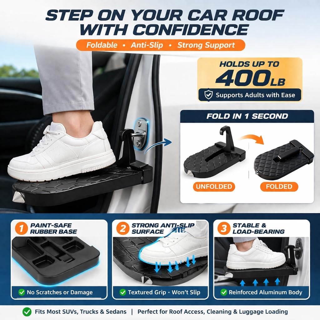 Car Door Step with Roof Rack Mount – Heavy Duty 400lb Capacity, Anti-Slip Foldable Aluminum Step for Cars, Trucks & SUVs – Easy Access for Roof Rack, Kayaks, Bikes – Universal Fit, Compact Storage