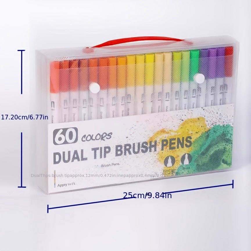 Watercolour Brush Pens Art Markers, 60 Colours Dual Tip (Brush & Fine Tip) Set with Carry Case Non-Toxic Water-Based, 60 Colours Plastic Pens, for Adult Colouring Books Calligraphy Scrapbooking Drawing Beginners