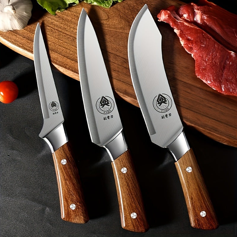 3-Piece Stainless Steel Knife Set (Chef's Knife, Carving Knife, Slicing Knife) - Includes Sheaths; Rust-Resistant, Sharp, Ergonomic Handles; Ideal for Meat, Vegetables, and Fruit; Perfect Christmas Gift.