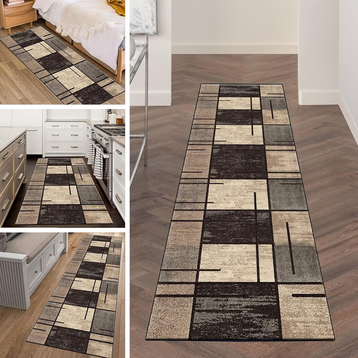 Indoor Runner Rug, Washable Runner Rug with Rubber Backing, Modern Geometric Patchwork Aesthetic Carpet for Bedroom, Living Room, Hallway, Entryway, Washable Rug Rockwood Collection