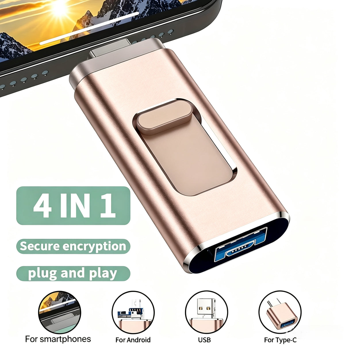 Cle USB 4-in-1 Photo Stick, 64G External Flash Drive for iPhone Android PC Mac, One-Click Backup Photos Videos, Offline Local Storage Thumb Drive, Portable Metal Memory Stick for File Saving & Data Transfer