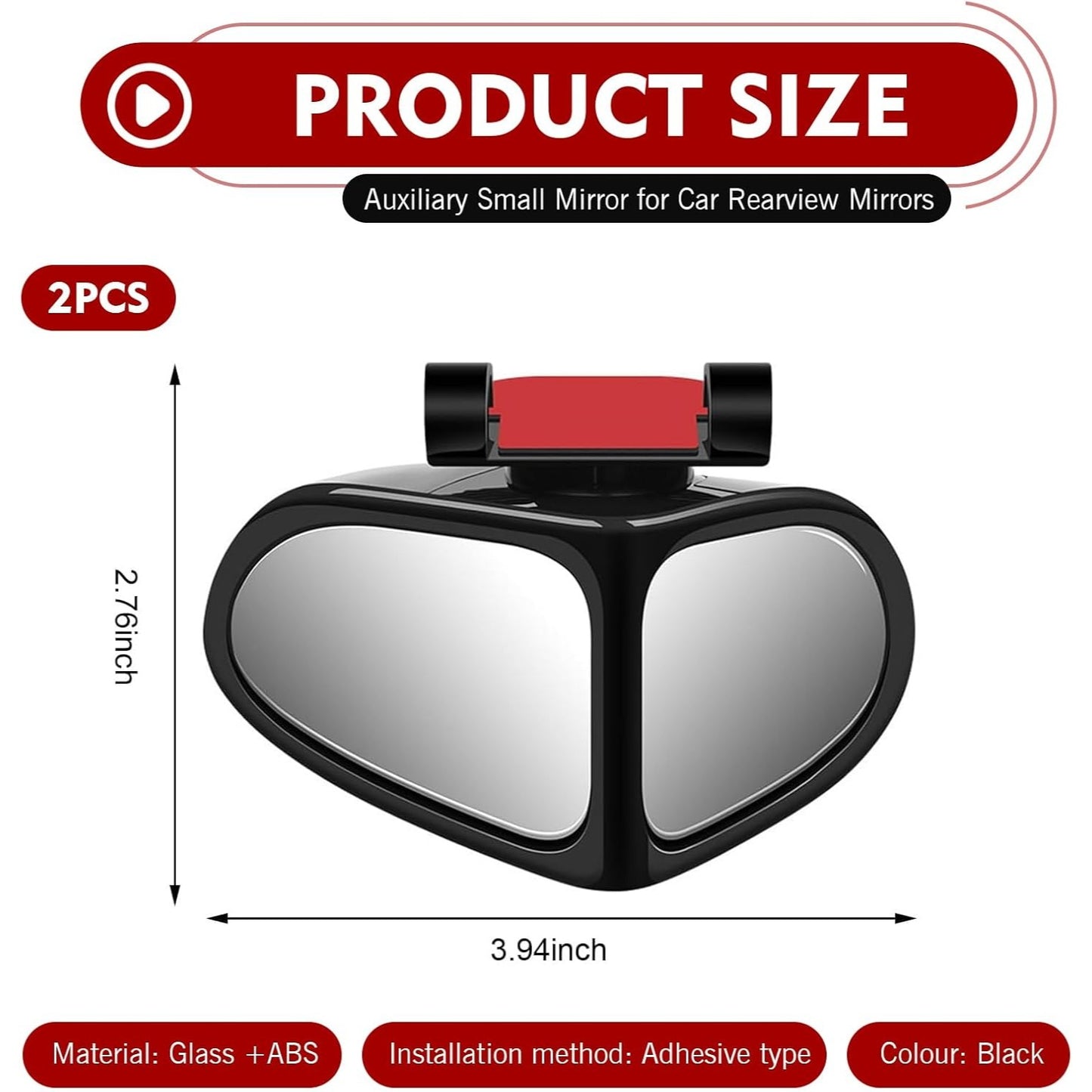 2 PCS Car Blind Spot Mirrors, Dual-sided Wide Angle Rearview Auxiliary with 360 Degree Adjustment, ABS Anti-collision Housing and HD Glass Design, Snap-on and Adhesive Mounting Mirror (Black)