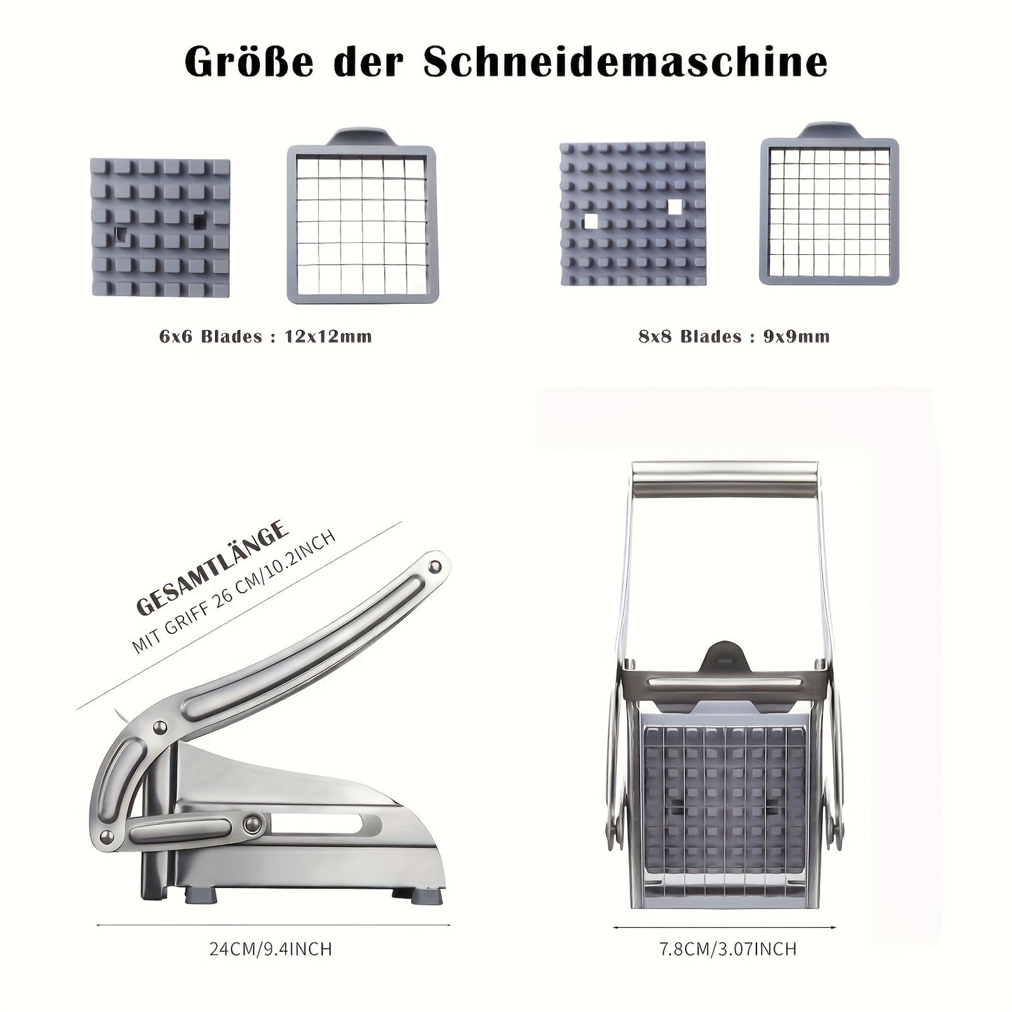 French Fry Cutter Potato Chipper, with 2 Interchangeable Blades & Non-Slip Feet Heavy Duty Lever, Silver Stainless Steel, for Home Kitchen Restaurant French Fries Chips