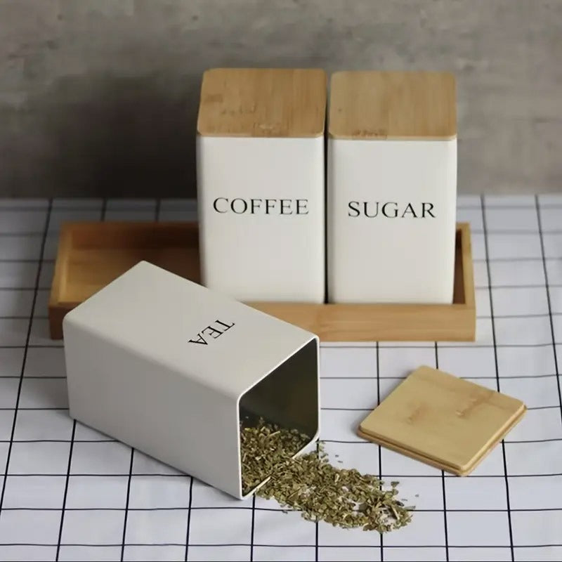 3-Piece Coffee and Snack Storage Canisters Set - Bamboo Lid & Iron Art Display Square Jars for Coffee Beans and Tea