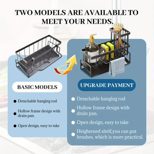 Multi functional metal kitchen sink storage rack with detachable brush holder - self draining storage rack for sponges, scrubbers, and detergent bottles, including cloth hanging trough, sponge and towel rack | Modern kitchen accessories