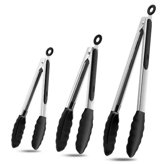Kitchen Tongs for Cooking,Stainless Steel,Heat Resistant BBQ Tong Set of 3, Non Scratch Silicone Tip for Pan, Strong Grip, Grab Food, Toss Salad, Pull Lock, Black
