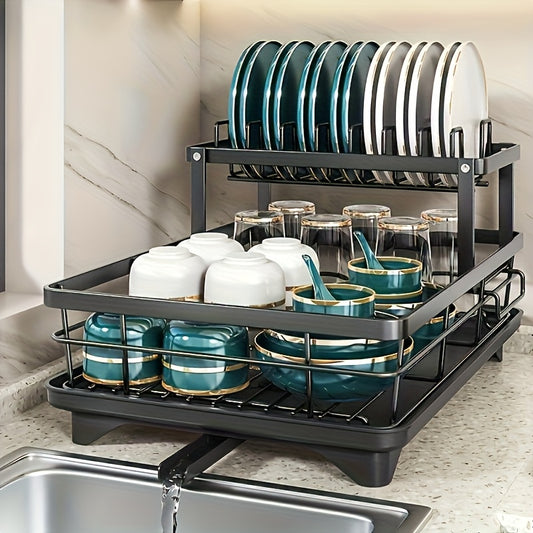 2-Tier Carbon Steel Dish Rack with Drainboard - Large Capacity Rust-Resistant Kitchen Organizer, Includes Utensil Holder & Cutting Board Storage - Black/ White for Home & Commercial Kitchens, Dish Drying Rack, Sleek Design, Sturdy Construction