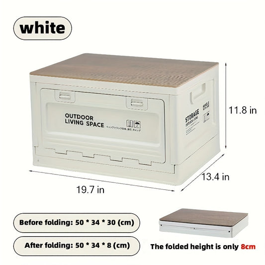 50L Collapsible Storage Bin with Lid, Foldable Plastic Storage Box with Wooden Top and Handles, 1 Pack