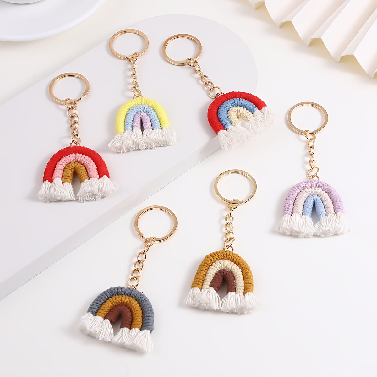10 Pieces Rainbow Macrame Keychain Weaving Rainbow Tassel Keychains Car Keyring Holder Jewelry for Women