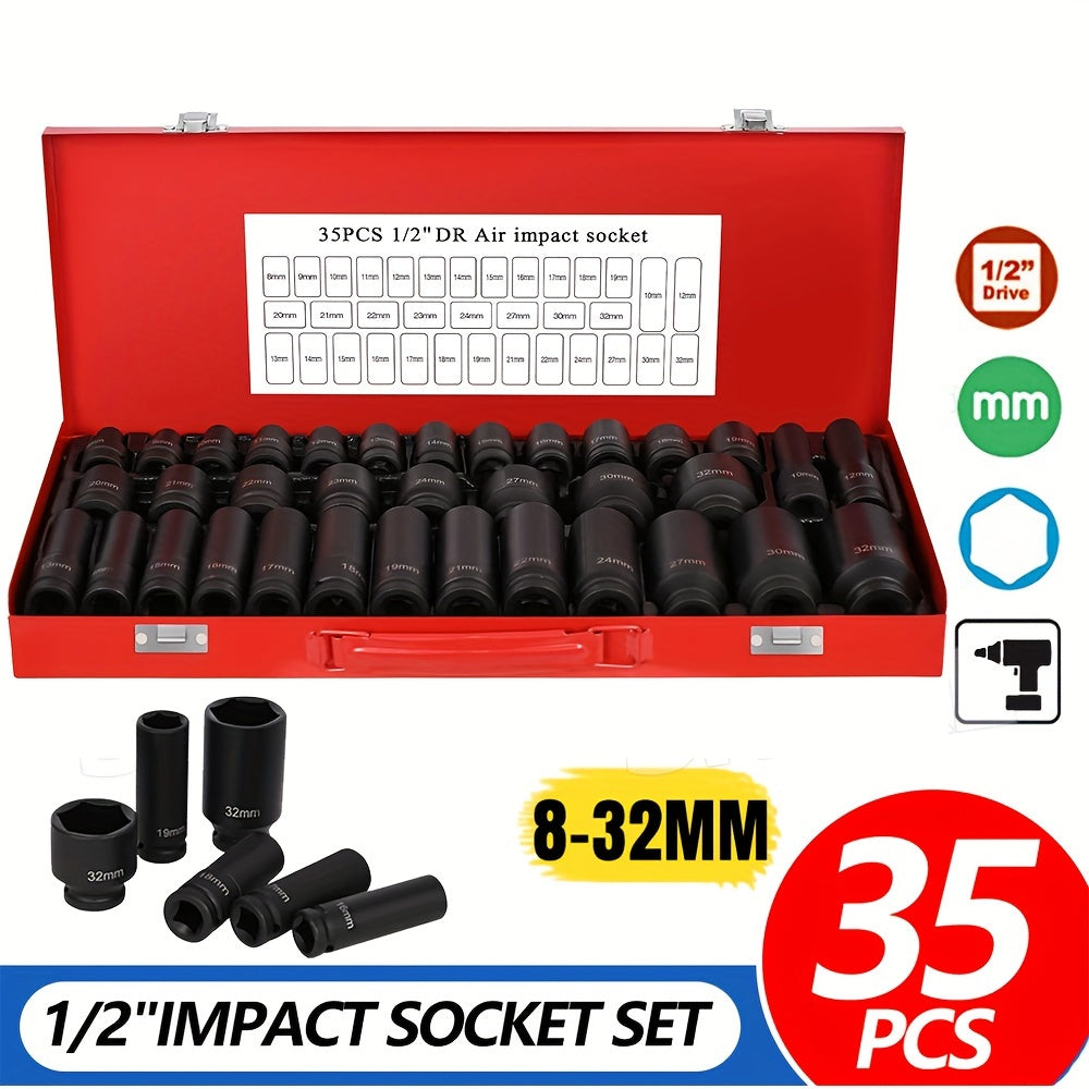 35-Piece 1/2 Inch Drive Deep Impact Socket Set (Metric) 8-32mm - Professional Garage Repair Workshop Tools