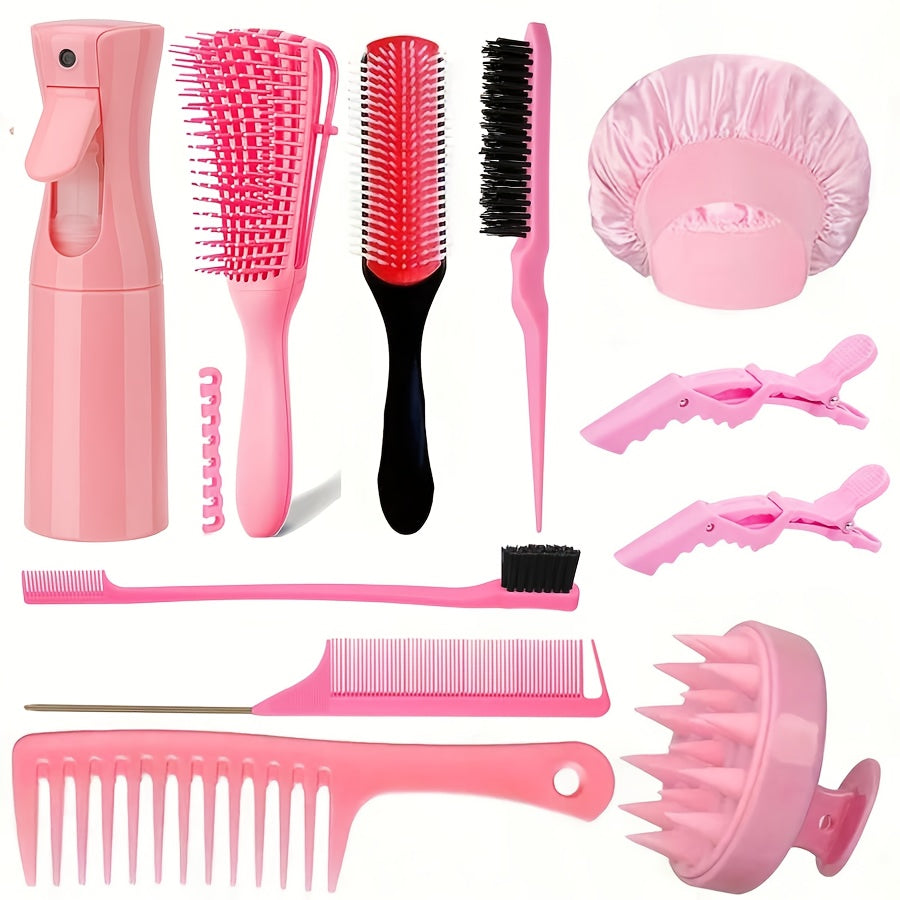 "11-Piece Professional Hair Styling Set - Durable PET Spray Bottle, Vent Brush, Shampoo Brush, Rat Tail Comb, Wide Tooth Comb, Edge Brush, Brow Brush, Crocodile Clips - Essential Hairdressing Tool Kit "