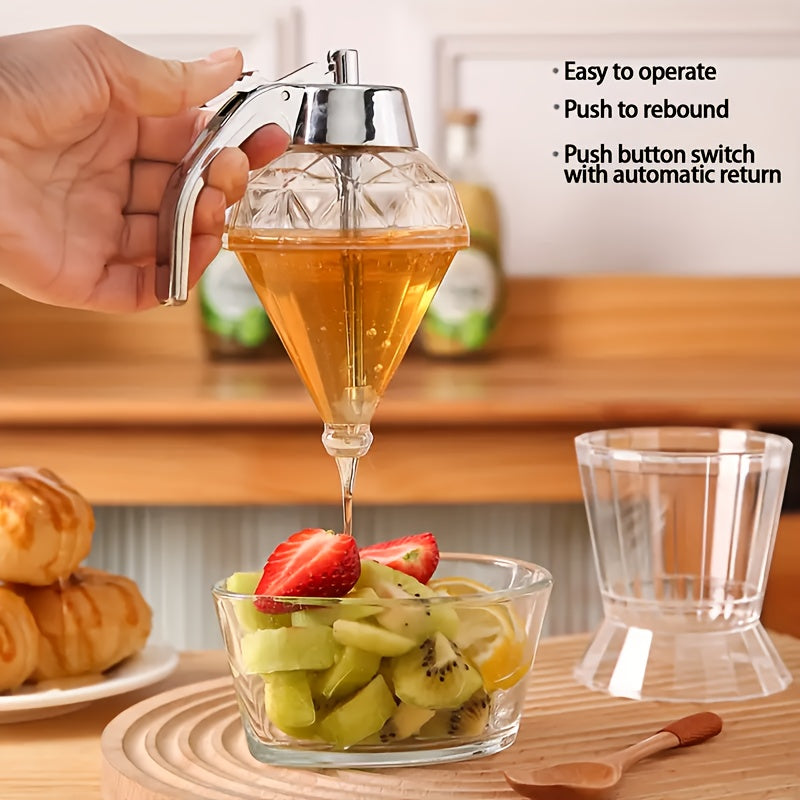 Honey Dispenser with Stand - Clear Jar with No-Drip Dipper & Flip Top Lid | Leak-Proof Kitchen Dispenser for Maple Syrup, Cooking Oil, Seasonings