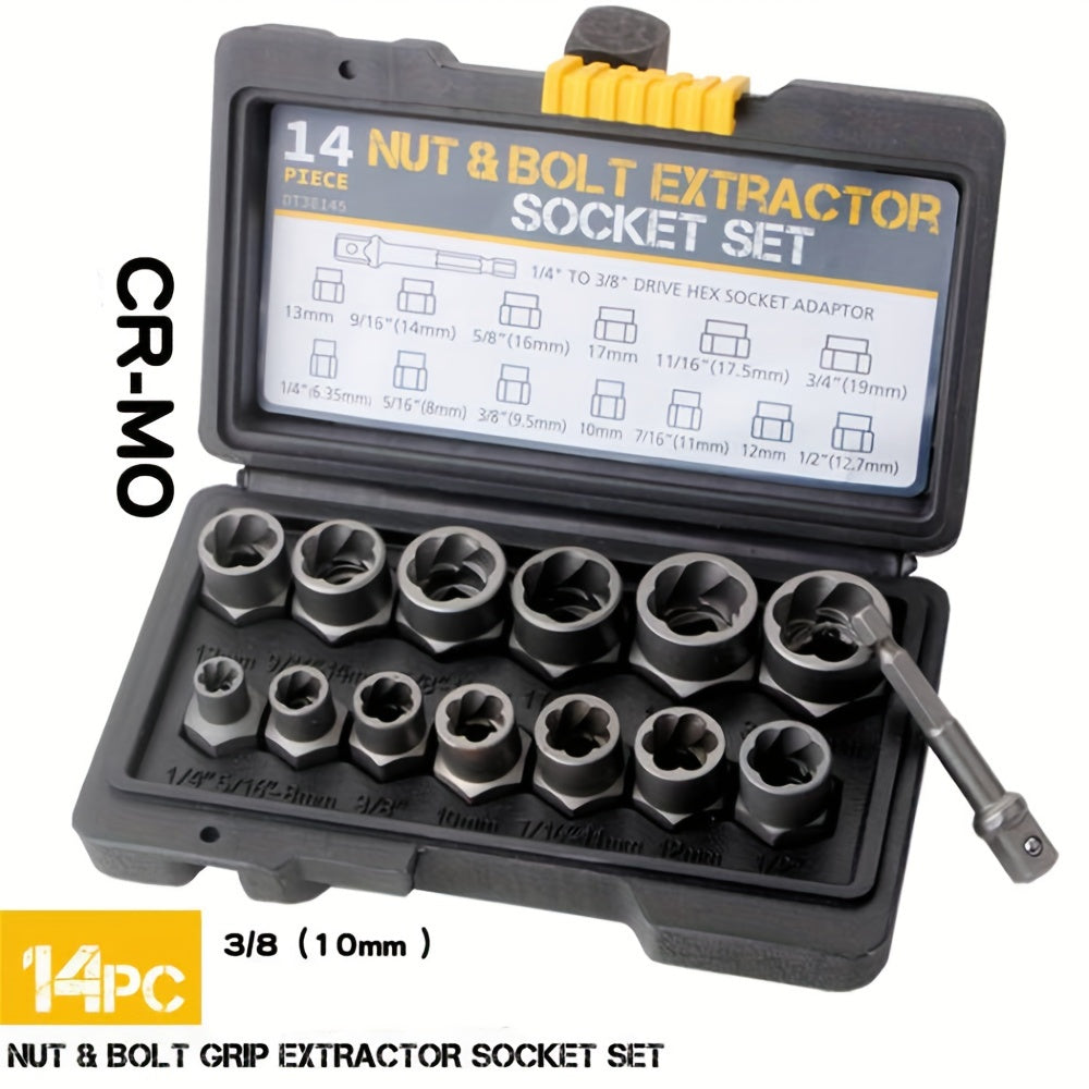 14-Piece Broken Bolt Extractor Set | Broken Nut Removal Tool Kit for 3/8 Inch Applications - Professional Quality and Durable Design