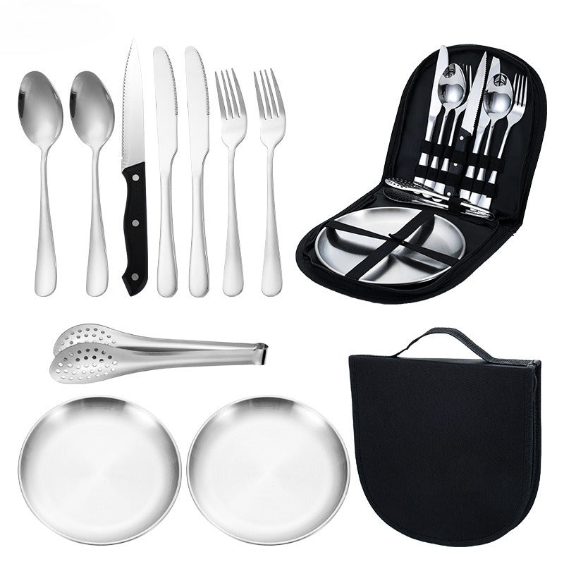 10 piece stainless steel camping utensil set - portable and durable outdoor picnic utensil, including plates, forks, spoons, and cups - suitable for hiking, backpacking, and camping adventures - perfect for outdoor dining essentials