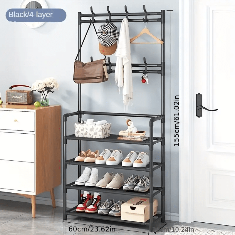 Simple Houseware Coat Rack with Shelf, Standing Hall Tree with Hooks, Black | For Entryway, Bedroom, Office, Black Metal Clothes Hanger Stand for Coats, Hats, Jackets, Bags