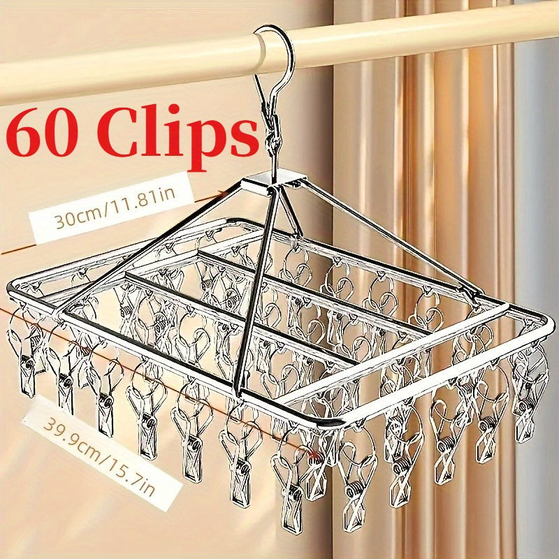 Stainless Steel Sock Drying Rack with 60 Clips, Swivel Hook Wind-Proof Clothes Hanger Rack for Sock, Bras, Underwear, Laundry Accessories