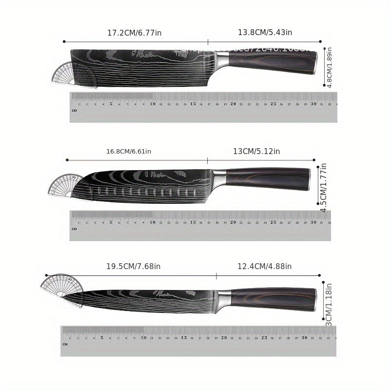 Six Piece Professional Damascus Steel Kitchen Knife Set - All Stainless Steel, With Laser Engraved Patterns, Including Debonding And Slicing Knives, Suitable For Home Use, Comes With A Knife Holder.