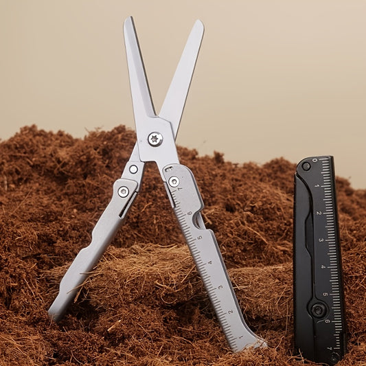 Foldable scissors with measuring ruler - stainless steel mini Travel Scissors portable lightweight EDC scissors multitool suitable for camping survival and outdoor use