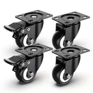 Caster Wheels Set of 4, Heavy Duty Casters with Brake, No Noise Locking Polyurethane (PU) Wheels, Swivel Plate Castors Pack