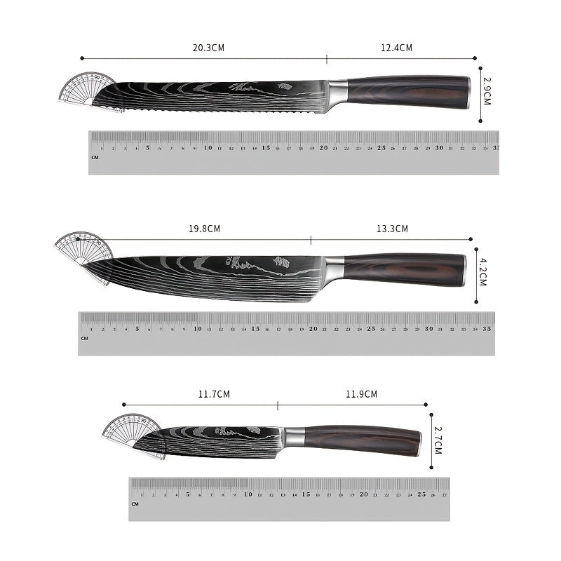 Six Piece Professional Damascus Steel Kitchen Knife Set - All Stainless Steel, With Laser Engraved Patterns, Including Debonding And Slicing Knives, Suitable For Home Use, Comes With A Knife Holder.