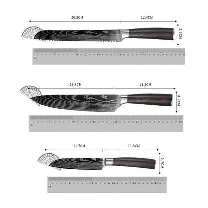Six Piece Professional Damascus Steel Kitchen Knife Set - All Stainless Steel, With Laser Engraved Patterns, Including Debonding And Slicing Knives, Suitable For Home Use, Comes With A Knife Holder.