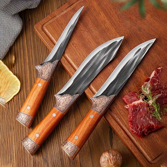 3-piece stainless steel hunting knife set/ with sheath for portable storage - household meat cleaver, camping barbecue knife/ durable full tang construction, easy-to-clean design