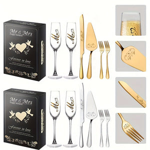6pcs-Mr and Mrs Champagne Flutes, Bride and Groom Champagne Glasses, Wedding Cake Knife and Server Set, Cake Cutting Set for Wedding, Bridal Shower Gifts, Engagement Gifts for Couples